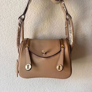 LEATHER INSIDE & OUT Beige Tan Mini Box Bag Crossbody Dual Zipper Boxy LD S17